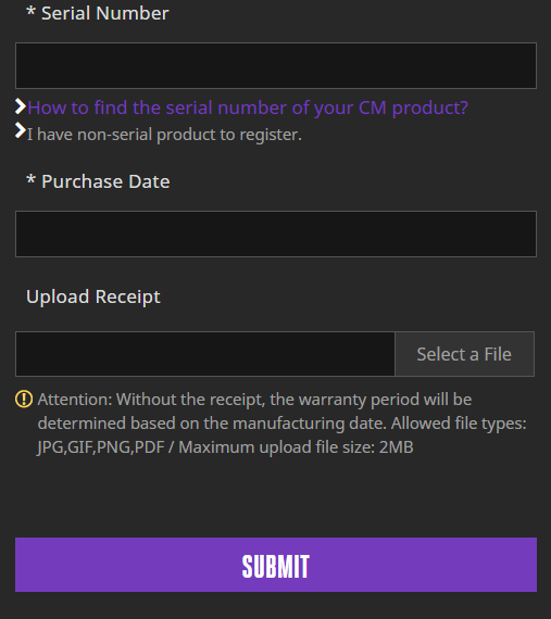 Product Registration page